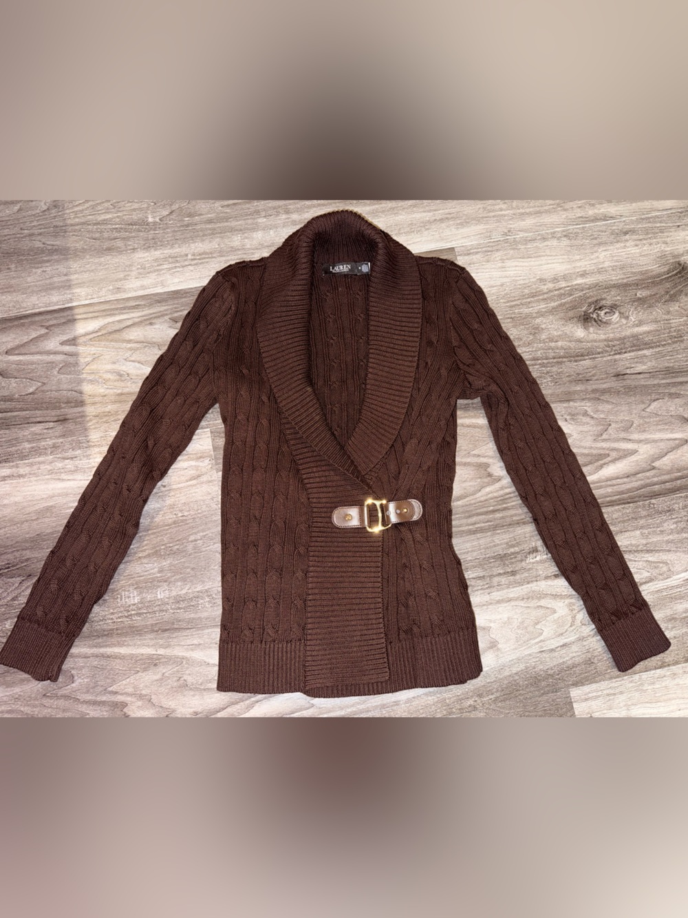 Lauren Ralph Lauren Brown Cable-Knit Shawl Collar Sweater NWOT Med